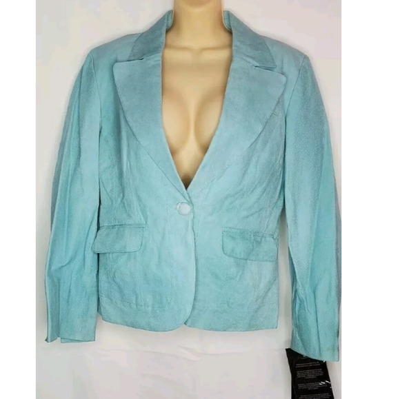 NWT Women Pamela McCoy Mint Green Leather Jacket with Pockets and Button Size M - Picture 1 of 12